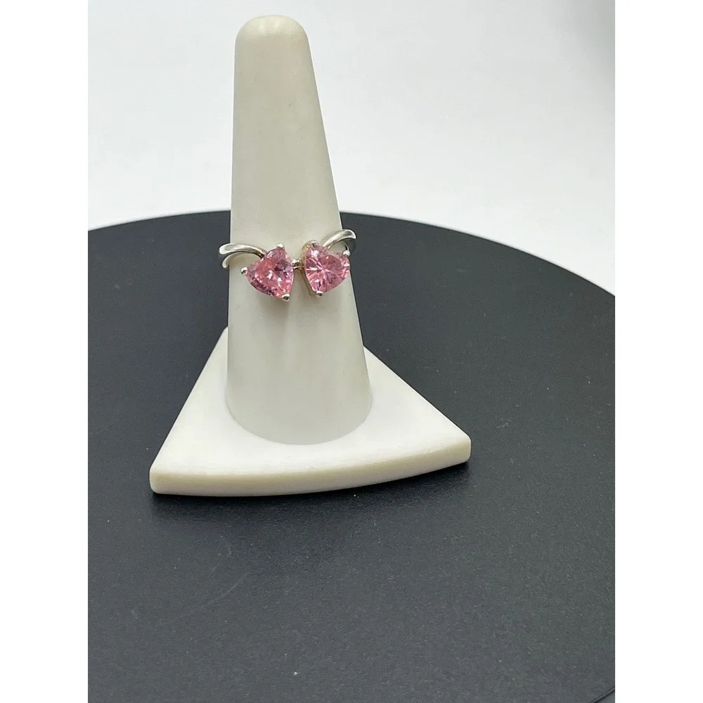 Sterling‎ Silver 925 Double Heart Pink Ice Gemstone Faux Bypass Ring Sz 8.25